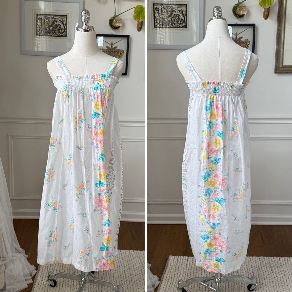 Vintage 70s Sundress Nightgown Floral Smocked S - Picture 1 of 5